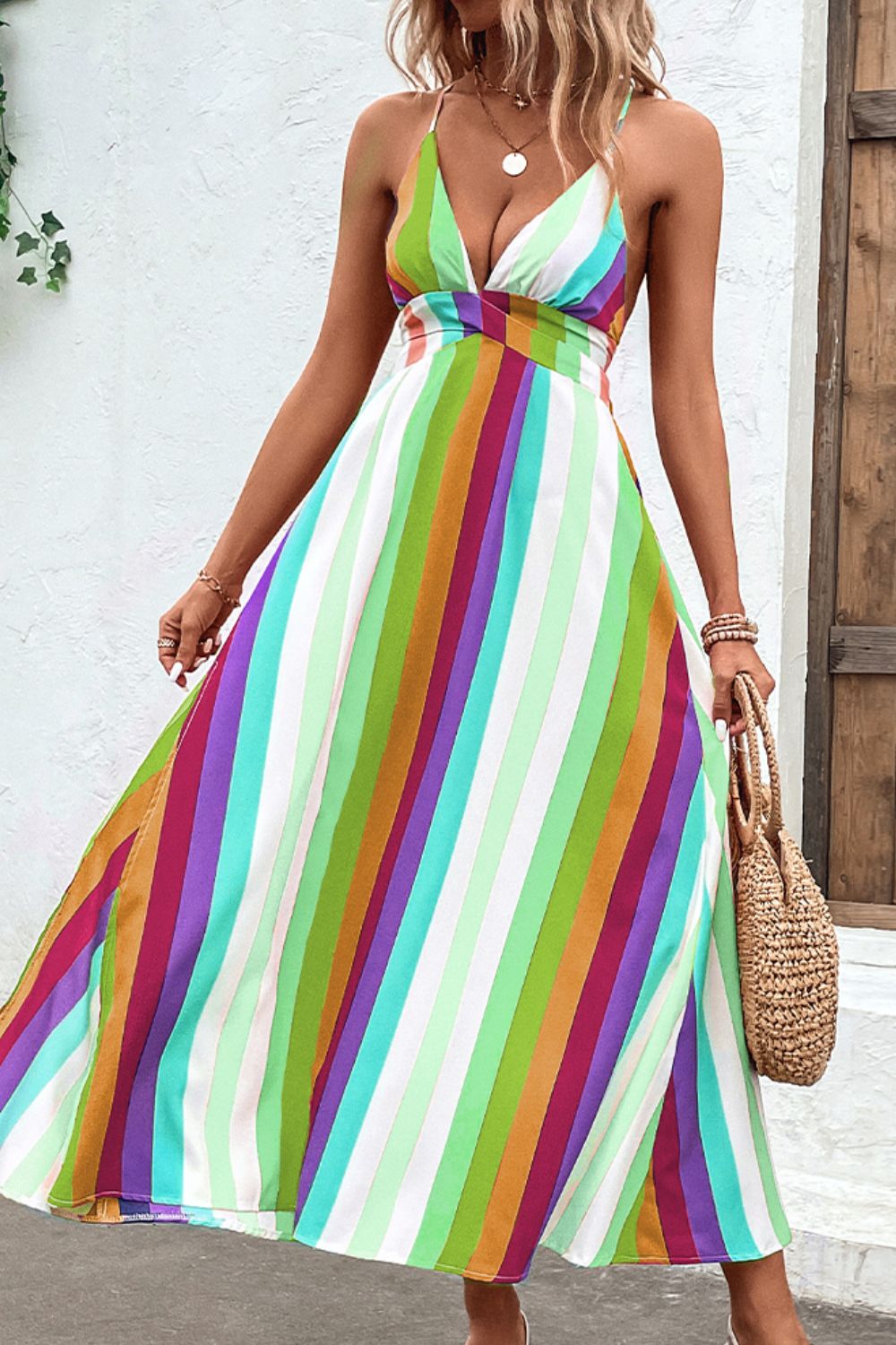 Multicolored Stripe Crisscross Backless Dress  Dresses- Doll Fits