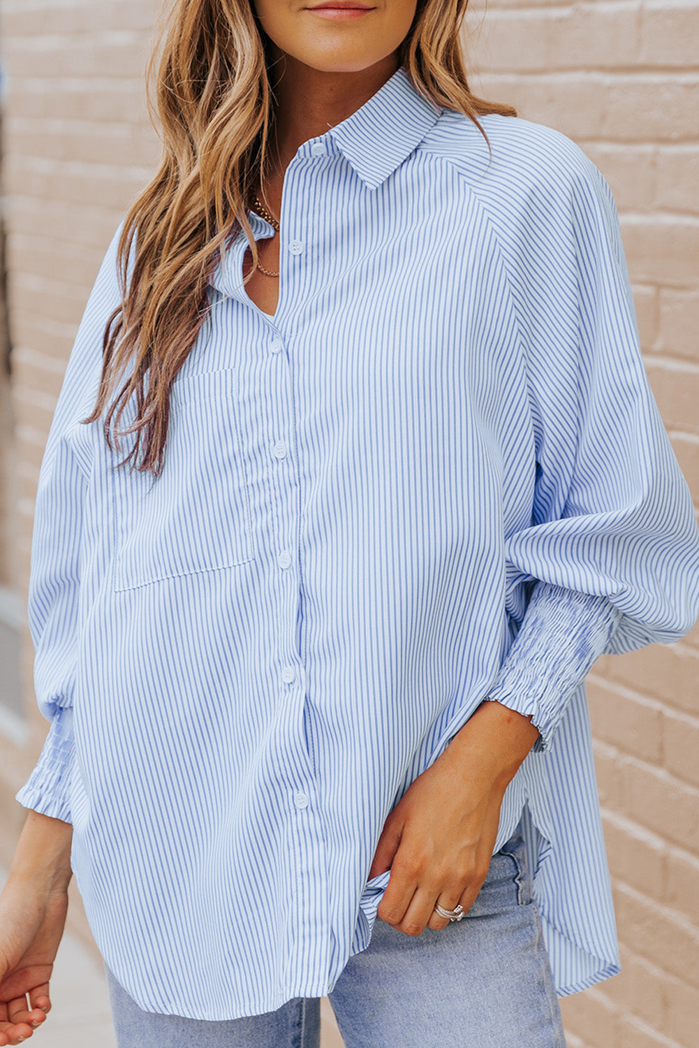 Striped Lantern Sleeve Collared Shirt  Shirts & Tops- Doll Fits