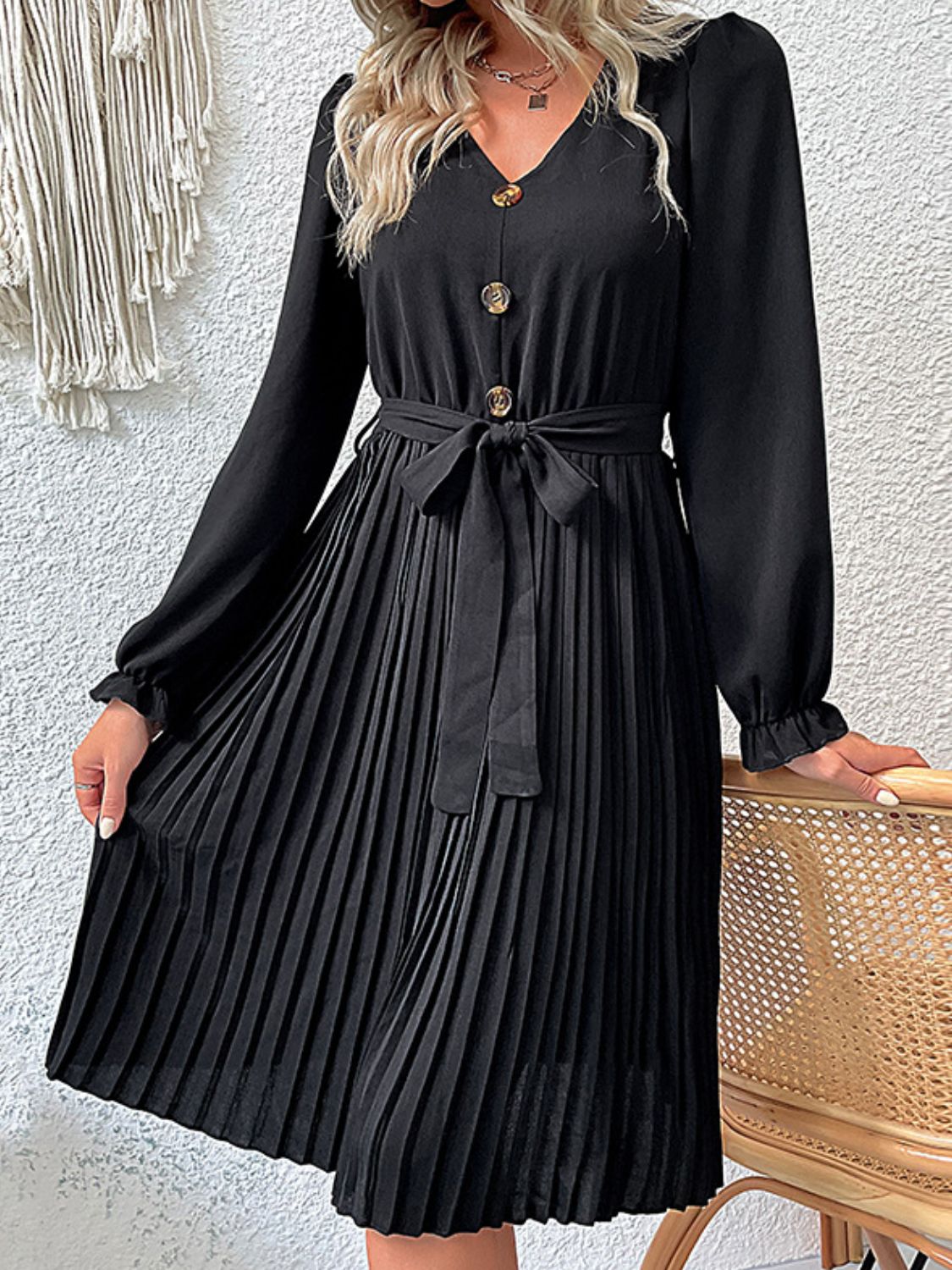 Decorative Button Belted Puff Sleeve Pleated Dress  Dresses- Doll Fits
