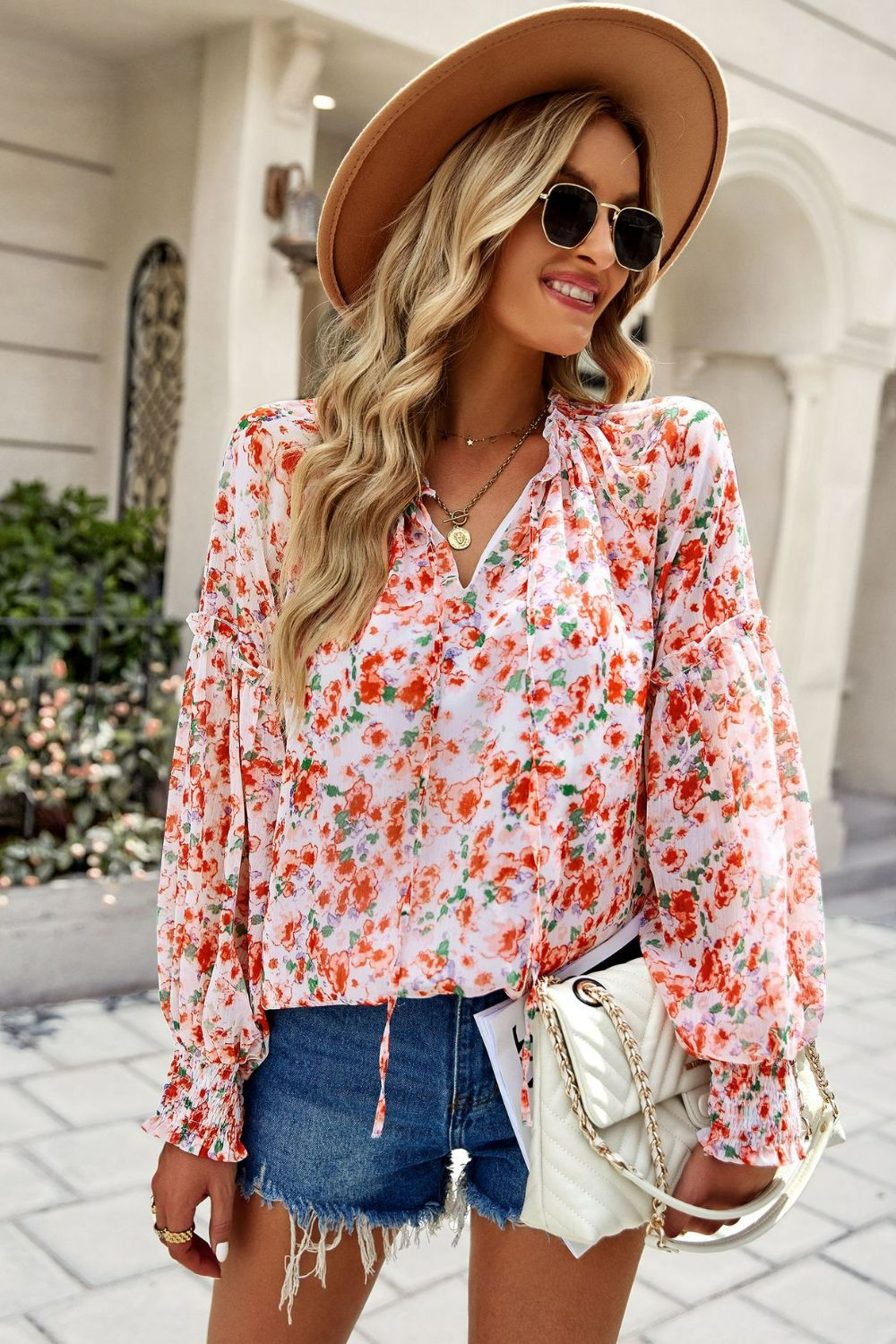 Floral Tie Neck Lantern Sleeve Blouse  Shirts & Tops- Doll Fits
