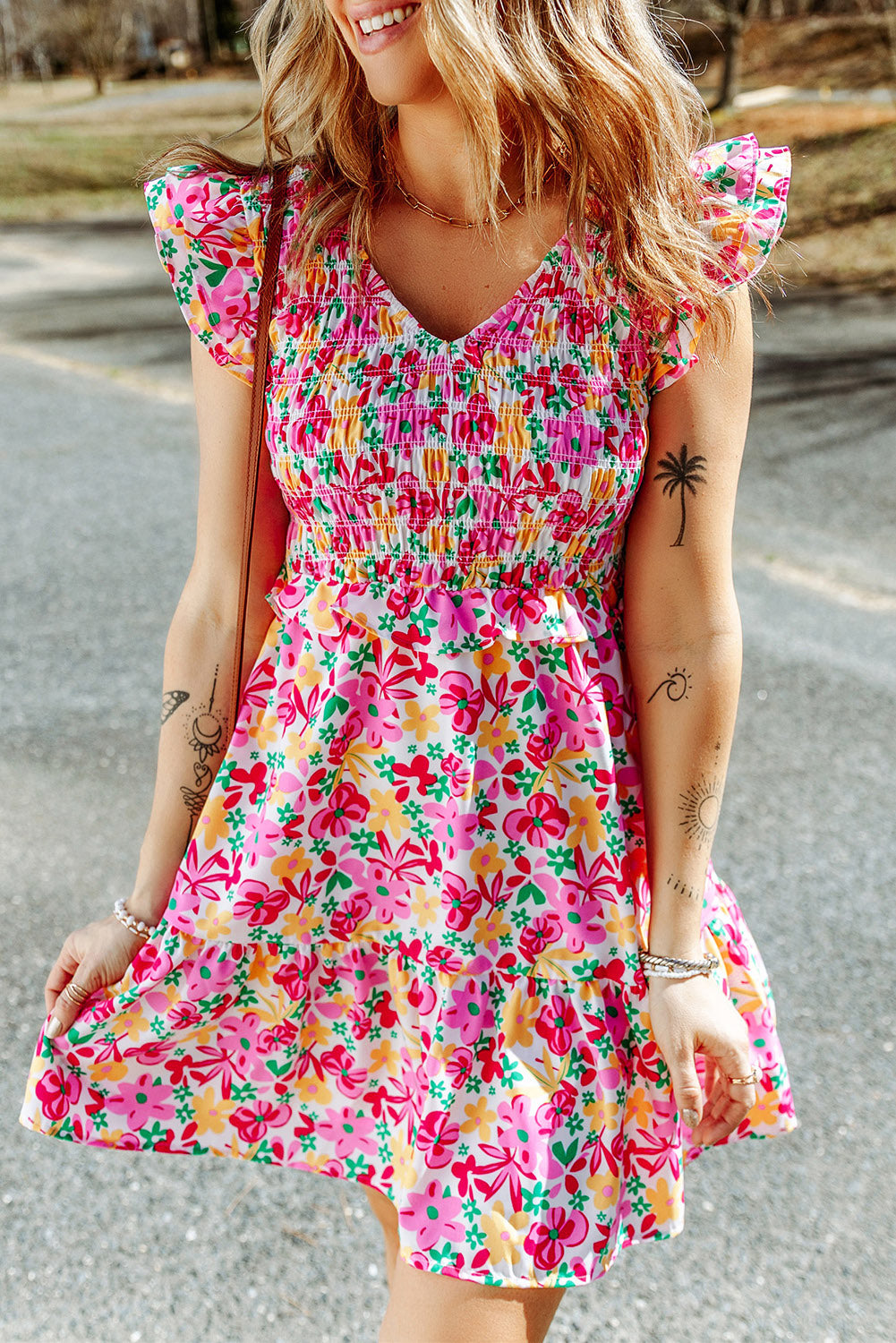 Floral Ruffle Trim Smocked Dress  Dresses- Doll Fits