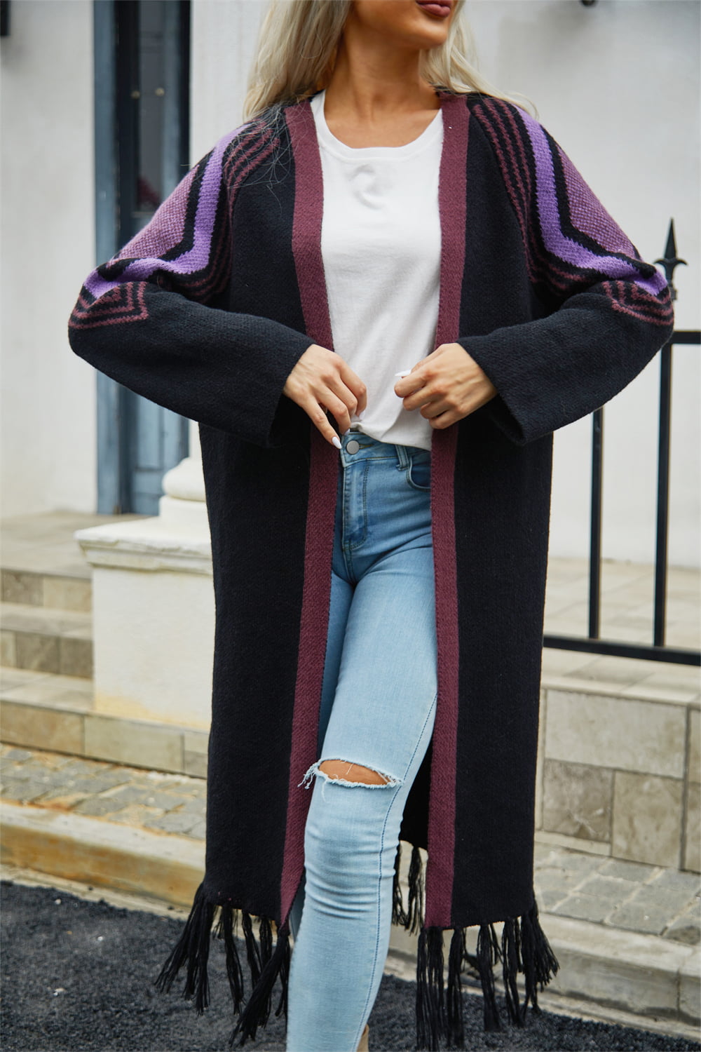 Double Take Geometric Fringe Hem Open Front Duster Cardigan  - Doll Fits