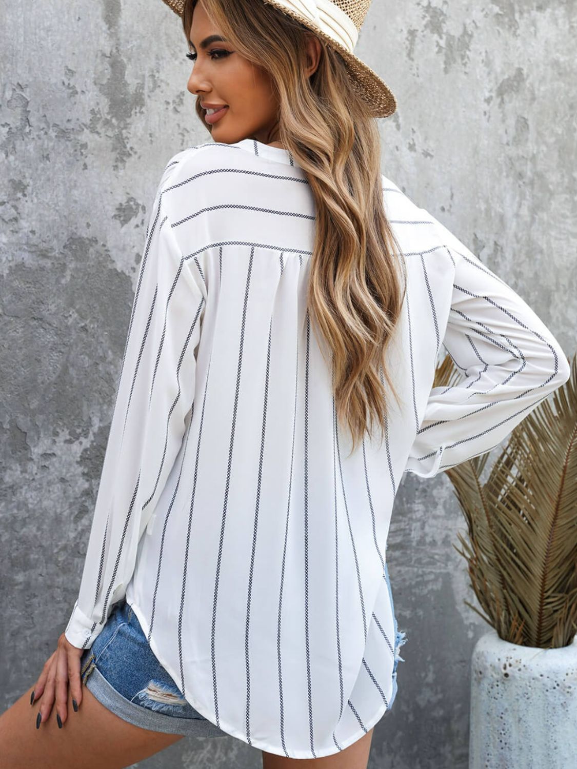 Striped V-Neck High-Low Shirt with Breast Pocket  Shirts & Tops- Doll Fits