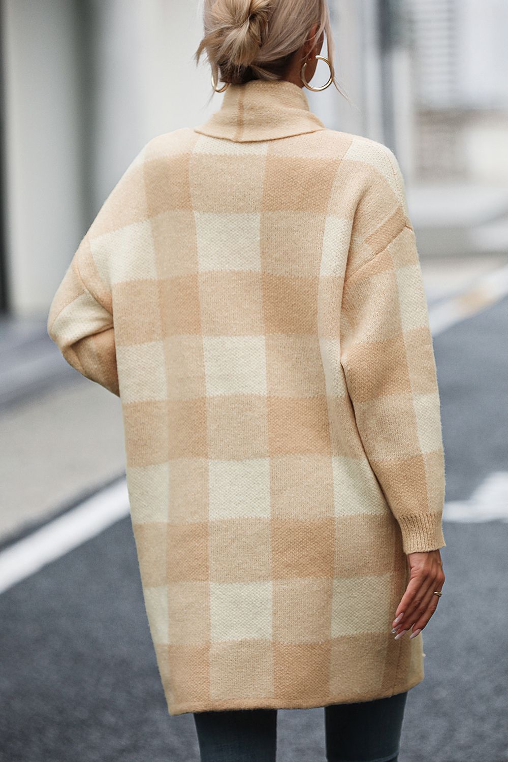 Plaid Dropped Shoulder Cardigan with Pocket  - Doll Fits