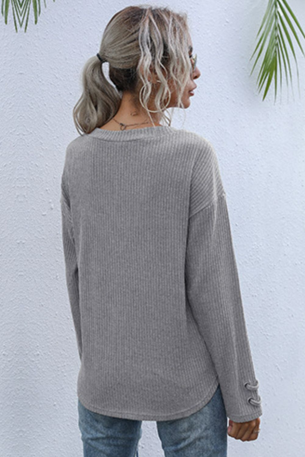 Lace-Up V-Neck Ribbed Top  Shirts & Tops- Doll Fits