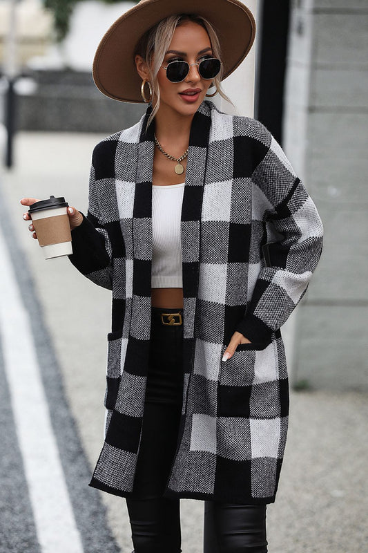 Plaid Dropped Shoulder Cardigan with Pocket  - Doll Fits