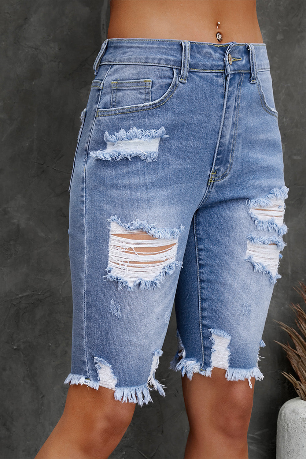 Distressed Frayed Hem Denim Bermuda Shorts  - Doll Fits
