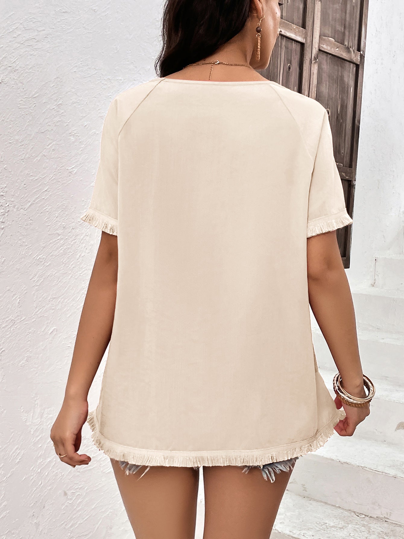 Round Neck Raglan Sleeve Fringe Detail Top  Shirts & Tops- Doll Fits