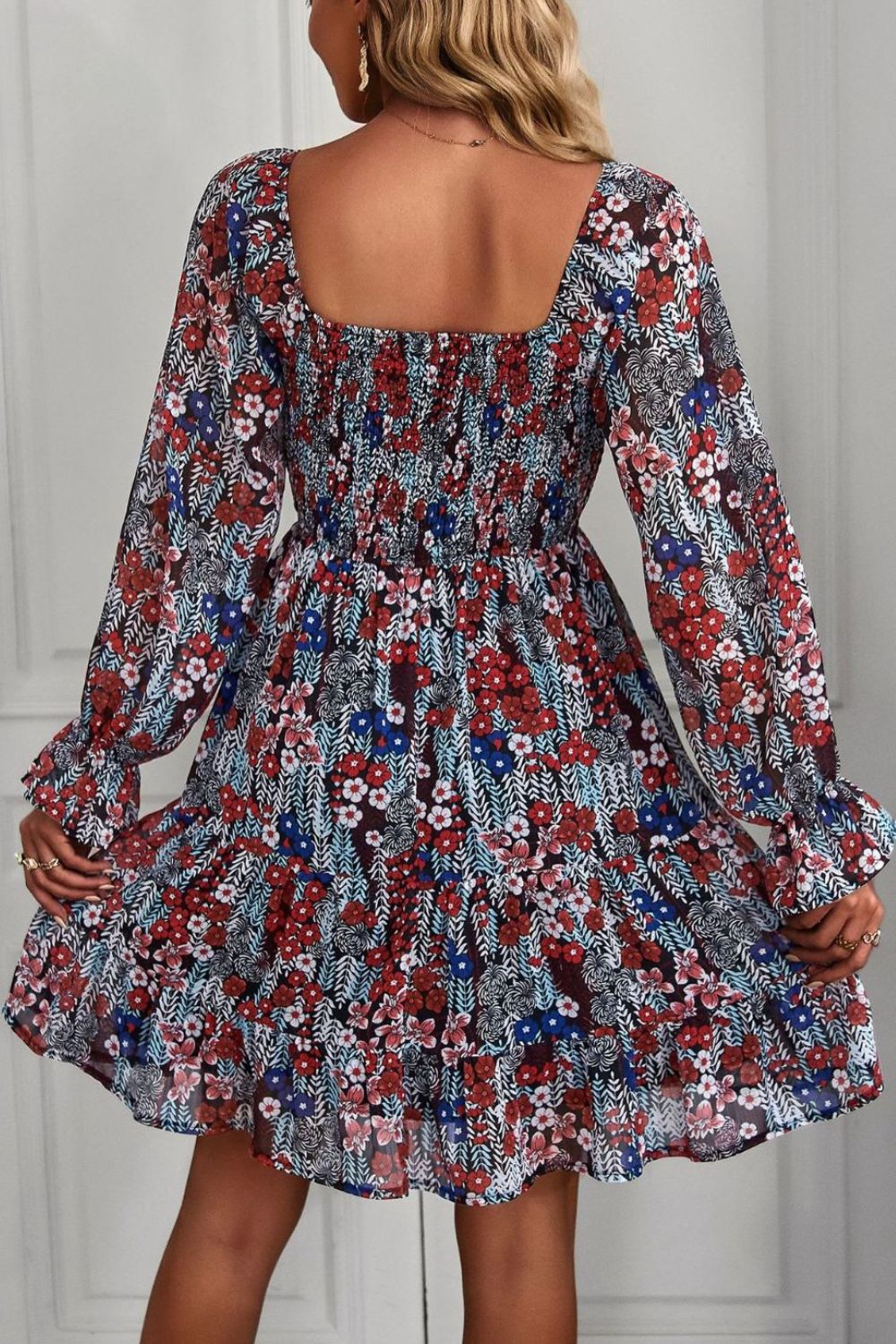 Floral Long Flounce Sleeve Square Neck Dress  Dresses- Doll Fits
