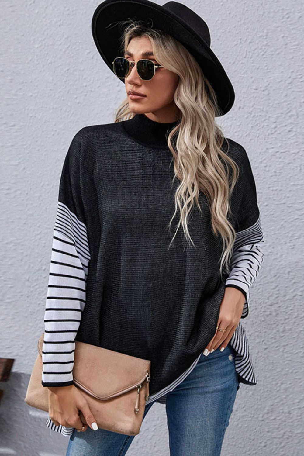 Striped Dolman Sleeve Mock Neck Knit Pullover  Shirts & Tops- Doll Fits