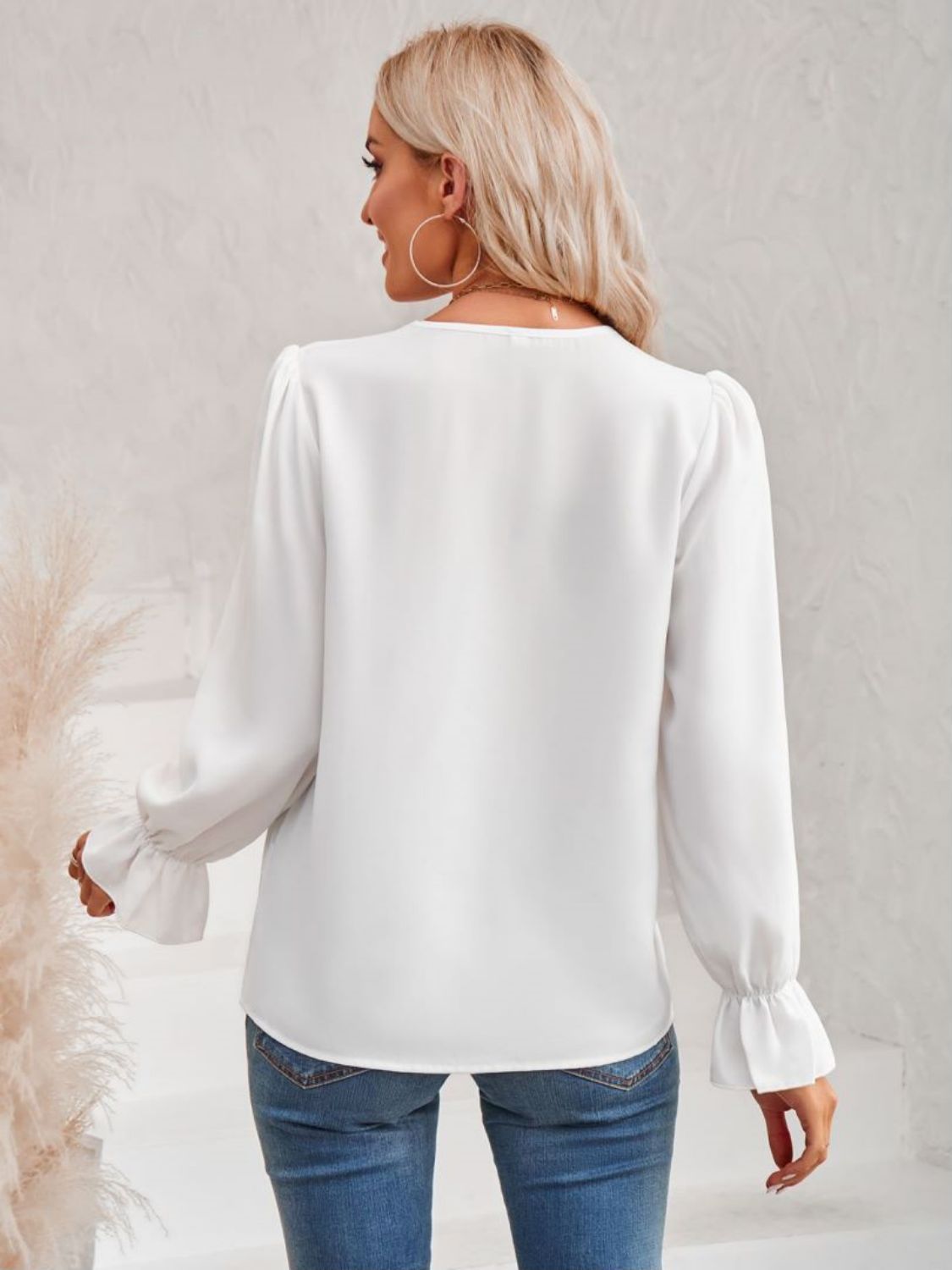 Contrast Trim Flounce Sleeve V-Neck Blouse  Shirts & Tops- Doll Fits