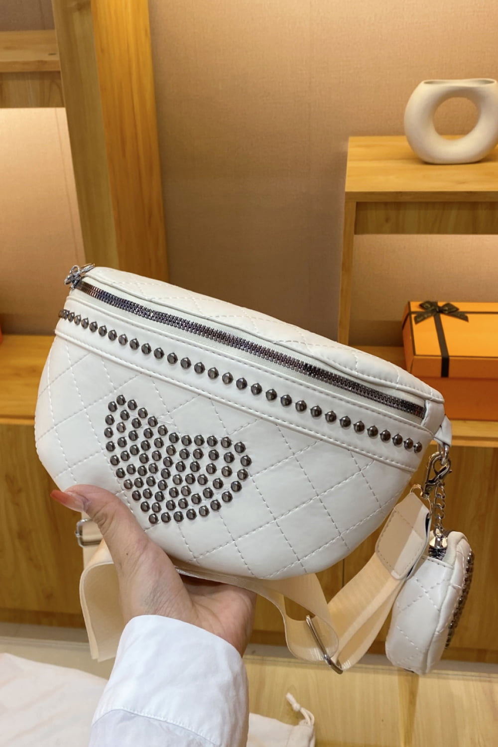 Studded PU Leather Sling Bag with Small Purse  - Doll Fits