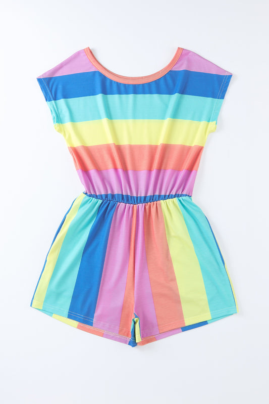 Multicolored Stripe Round Neck Romper  - Doll Fits