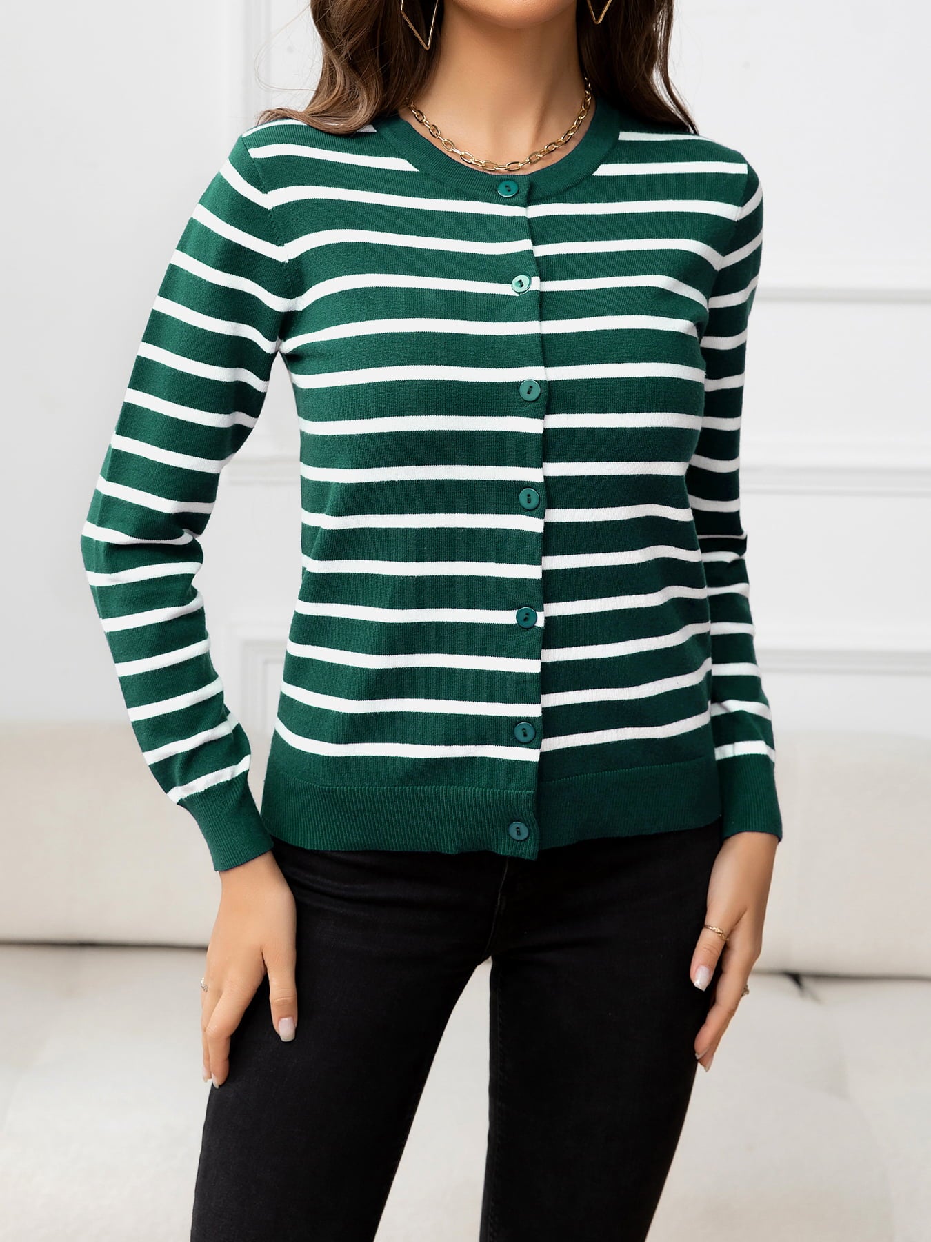 Striped Round Neck Long Sleeve Buttoned Knit Top  Shirts & Tops- Doll Fits
