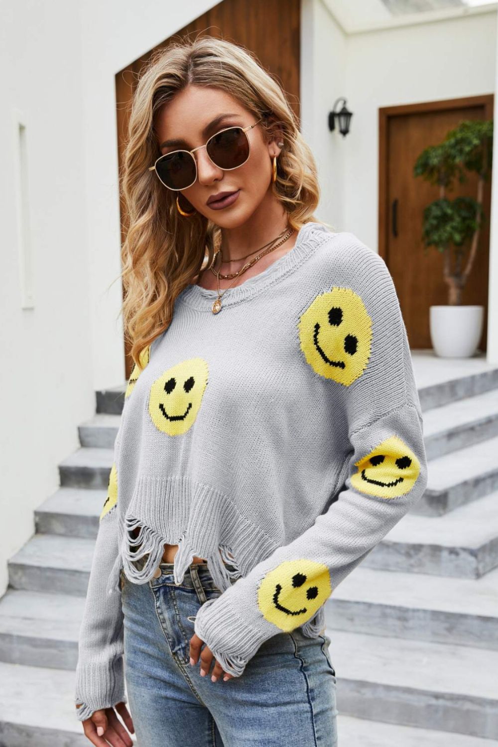 Smiley Face Distressed Round Neck Sweater  Shirts & Tops- Doll Fits