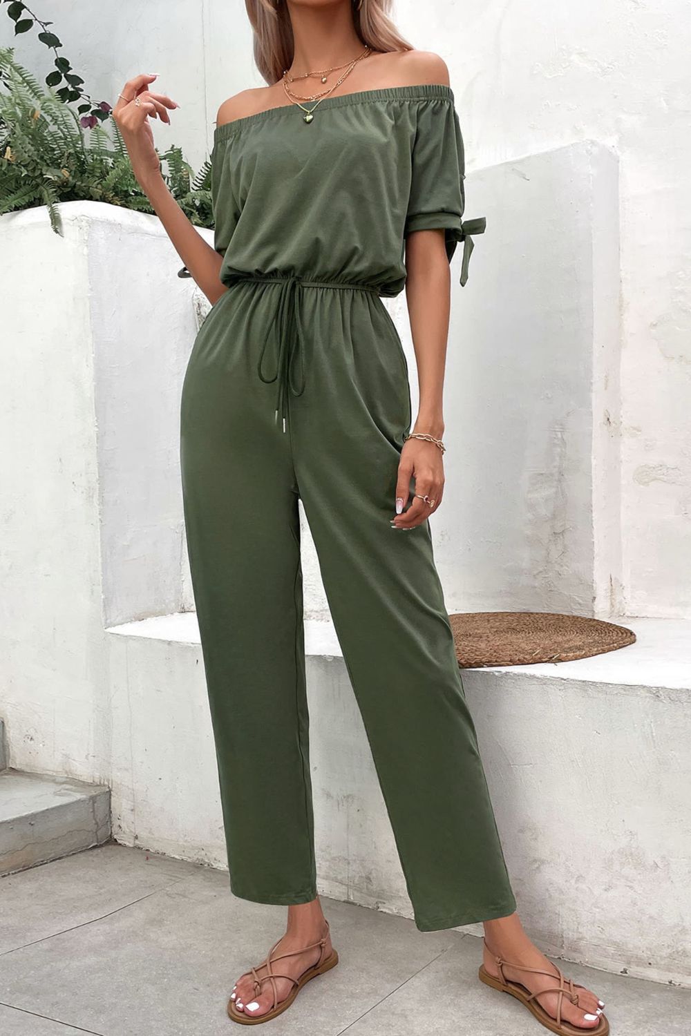 Off-Shoulder Tie Cuff Jumpsuit with Pockets  Jumpsuits & Rompers- Doll Fits