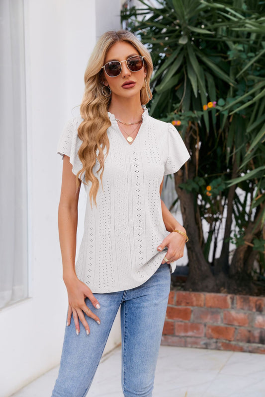 Notched Neck Puff Sleeve Blouse  Shirts & Tops- Doll Fits