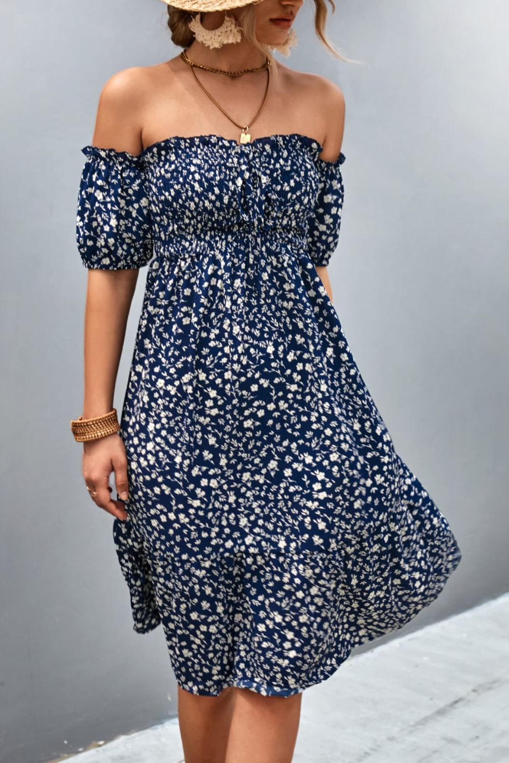 Ditsy Floral Smocked Frill Trim Off-Shoulder Dress  Dresses- Doll Fits
