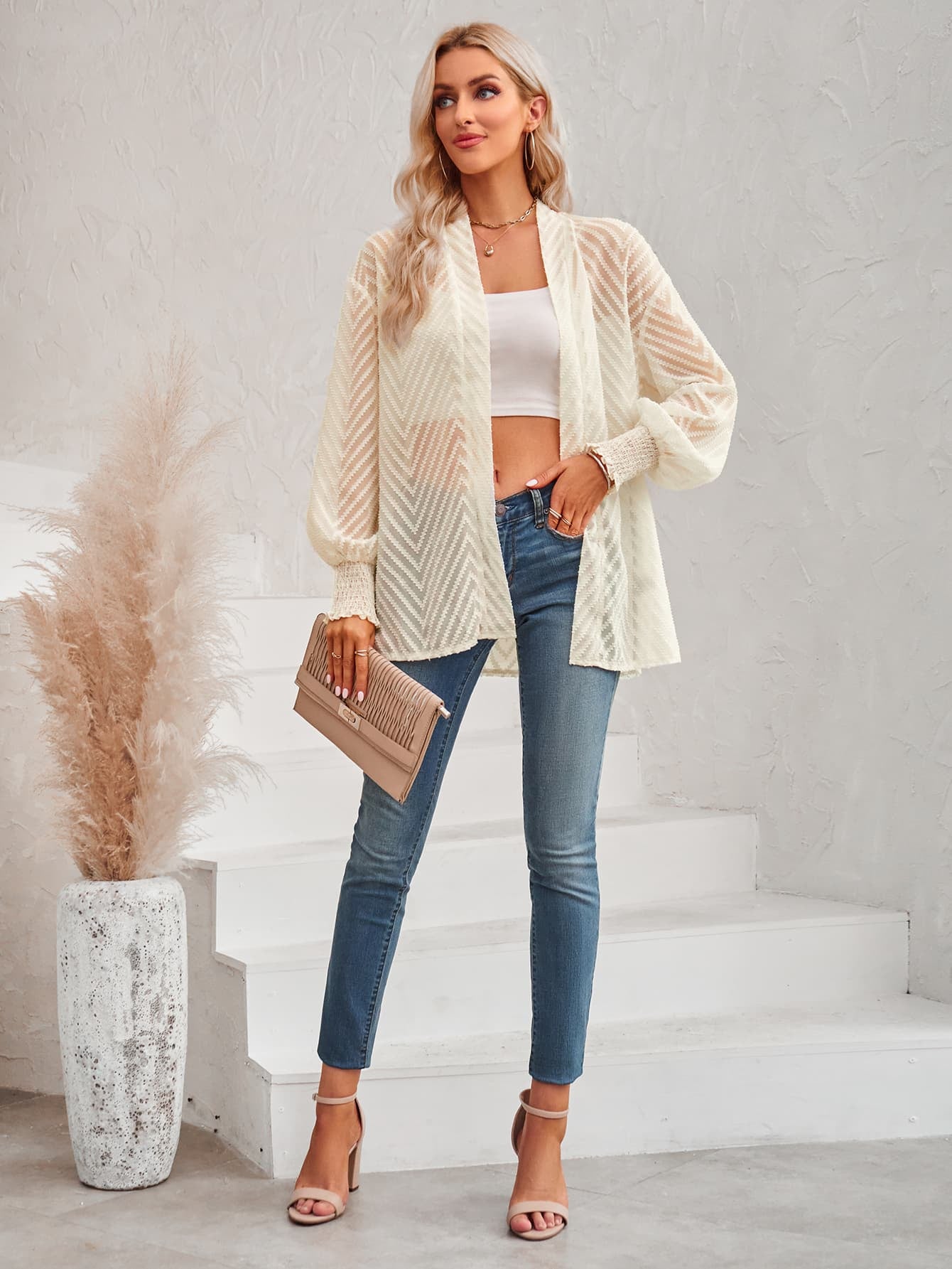 Lantern Sleeve Open Front Sheer Cardigan  Coats & Jackets- Doll Fits