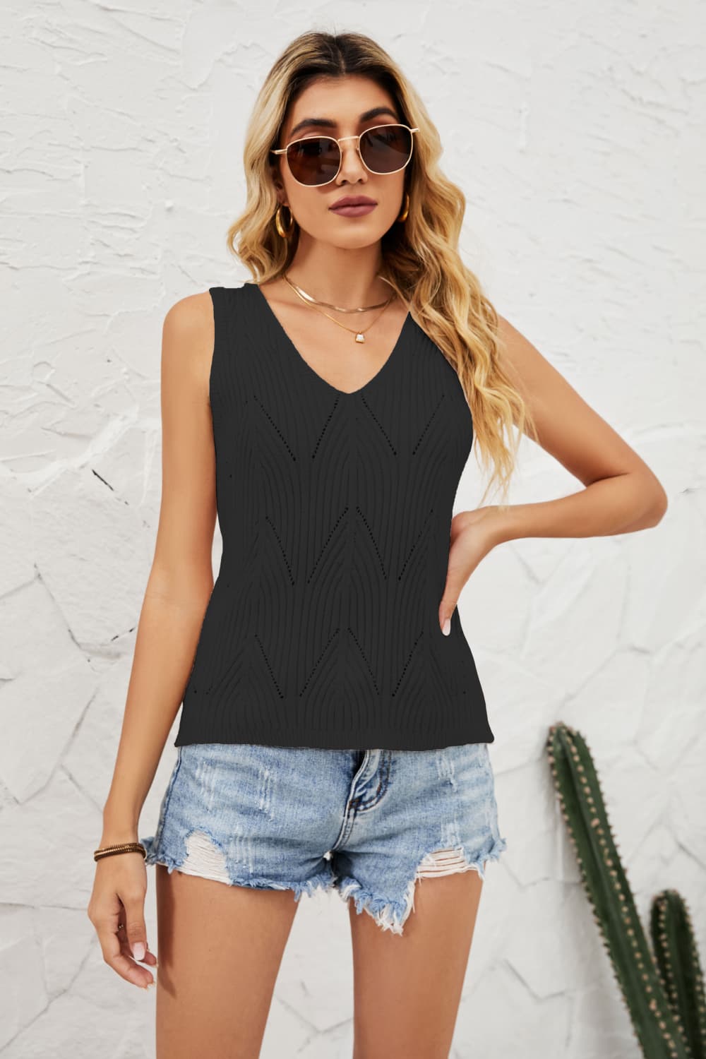Openwork V-Neck Knit Top  Shirts & Tops- Doll Fits