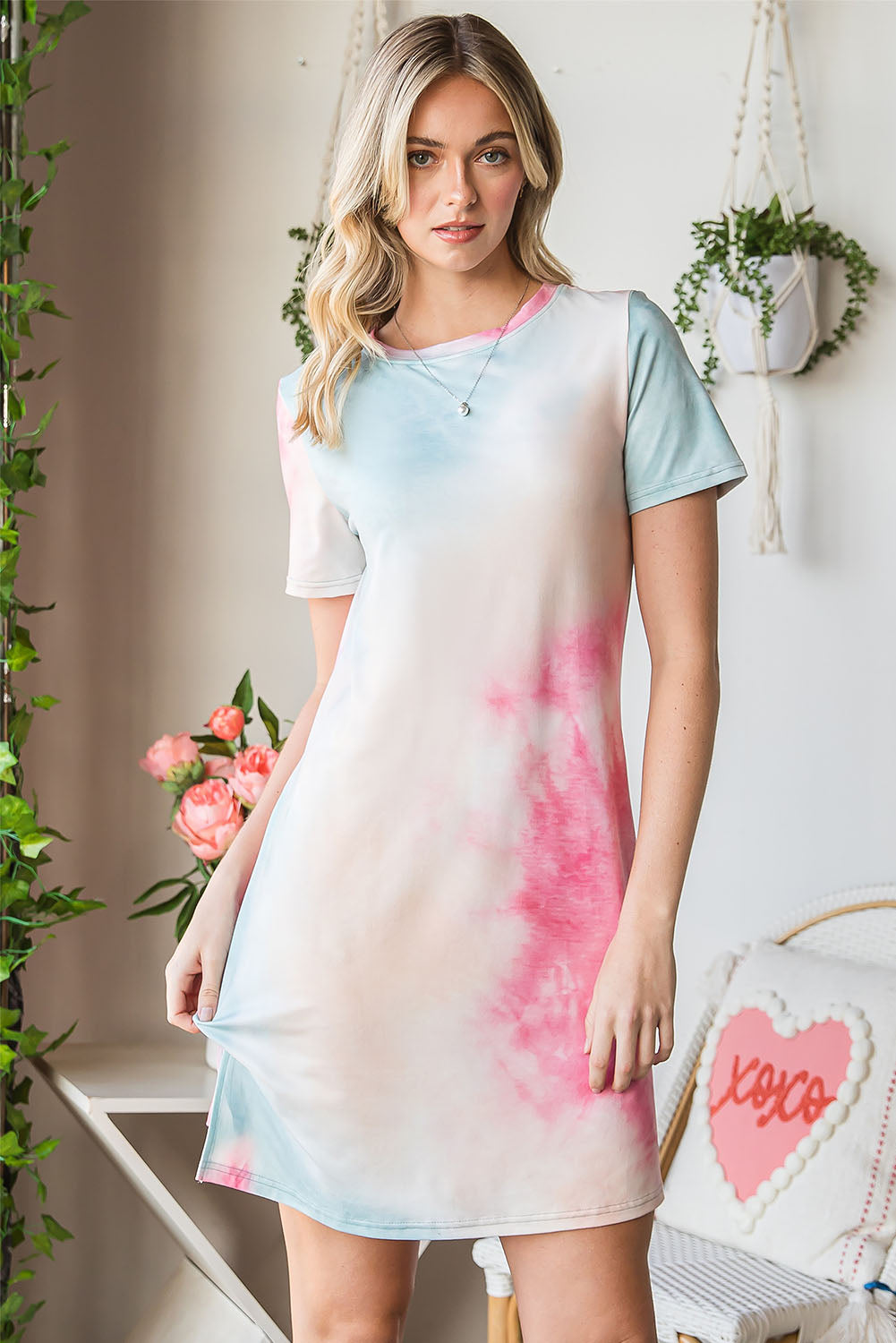 Tie-Dye Round Neck Short Sleeve Slit Dress  Dresses- Doll Fits