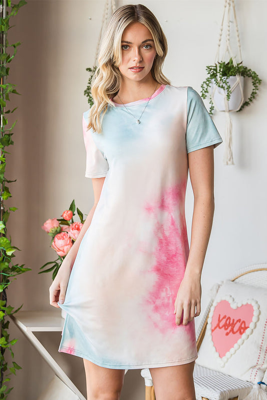 Tie-Dye Round Neck Short Sleeve Slit Dress  Dresses- Doll Fits
