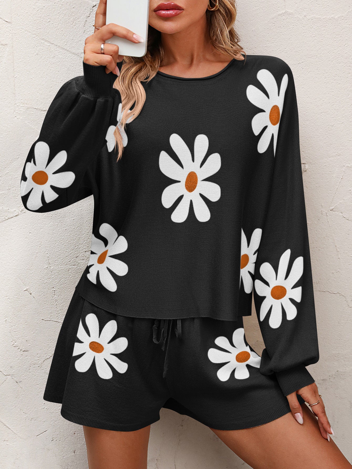 Floral Print Raglan Sleeve Knit Top and Tie Front Sweater Shorts Set  Outfit Sets- Doll Fits