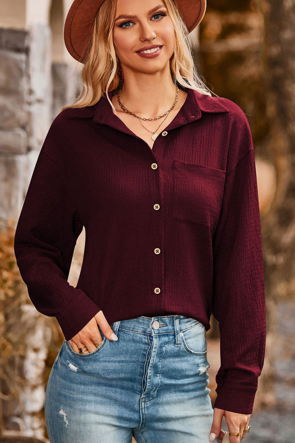 Twisted Collared Neck Long Sleeve Shirt  - Doll Fits