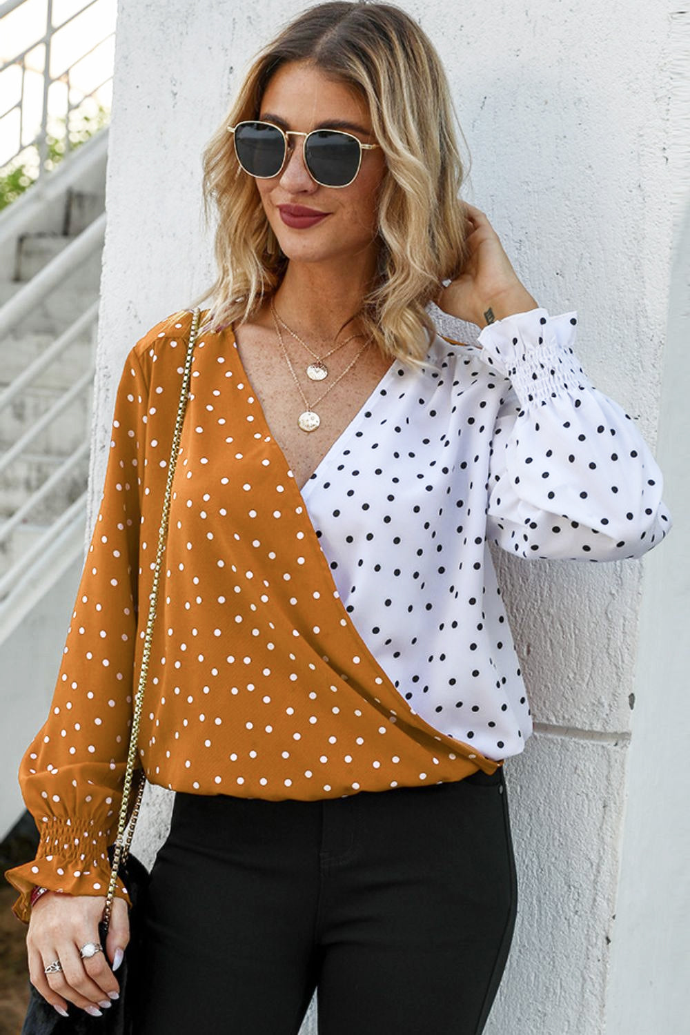 Polka Dot Surplice Neck Lantern Sleeve Blouse  - Doll Fits