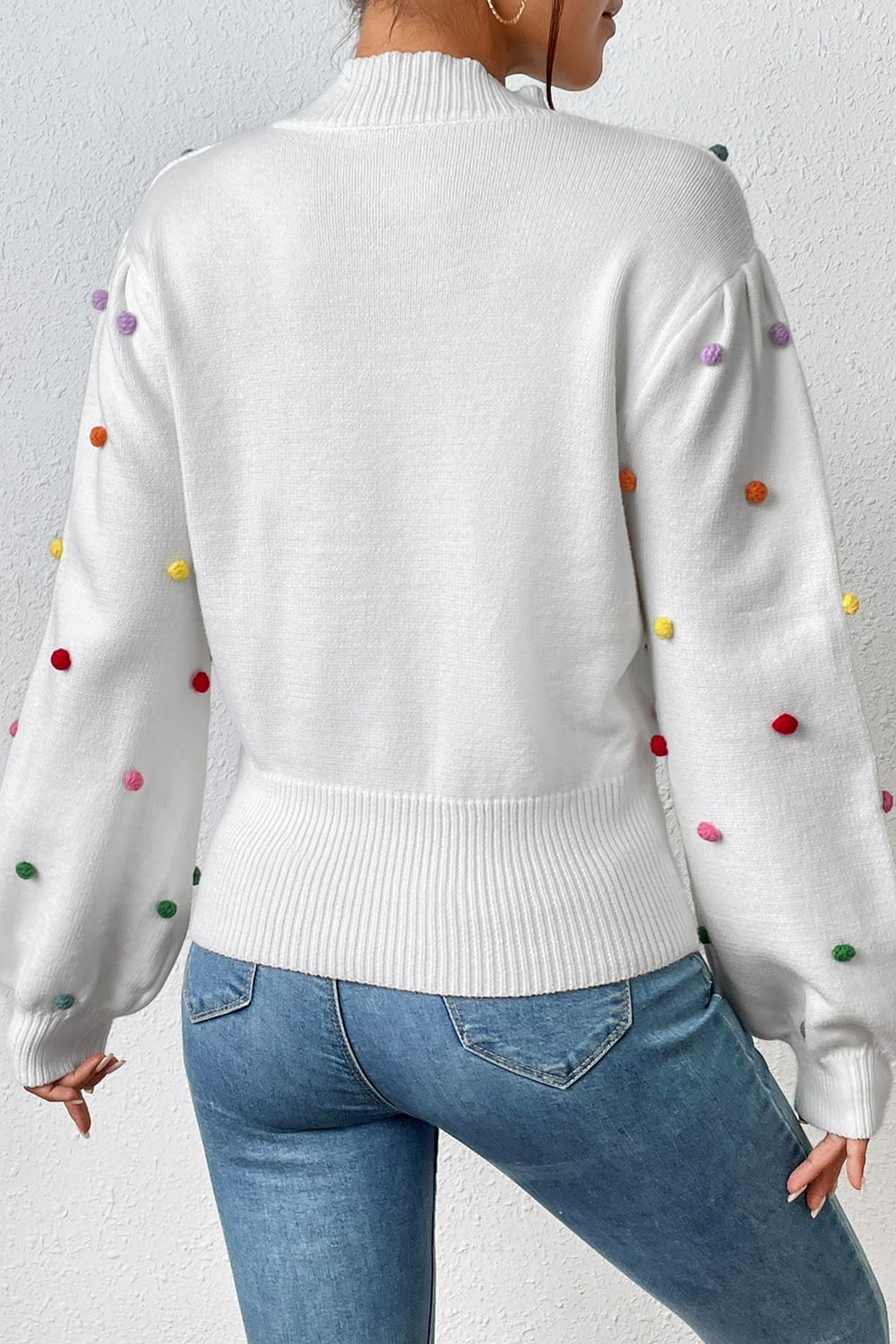 Pom-Pom Trim Mock Neck Long Sleeve Pullover Sweater  - Doll Fits