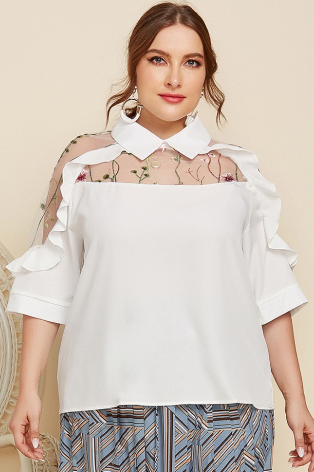 Plus Size Embroidered Ruffle Trim Collared Half Sleeve Blouse  Shirts & Tops- Doll Fits