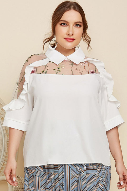 Plus Size Embroidered Ruffle Trim Collared Half Sleeve Blouse  Shirts & Tops- Doll Fits