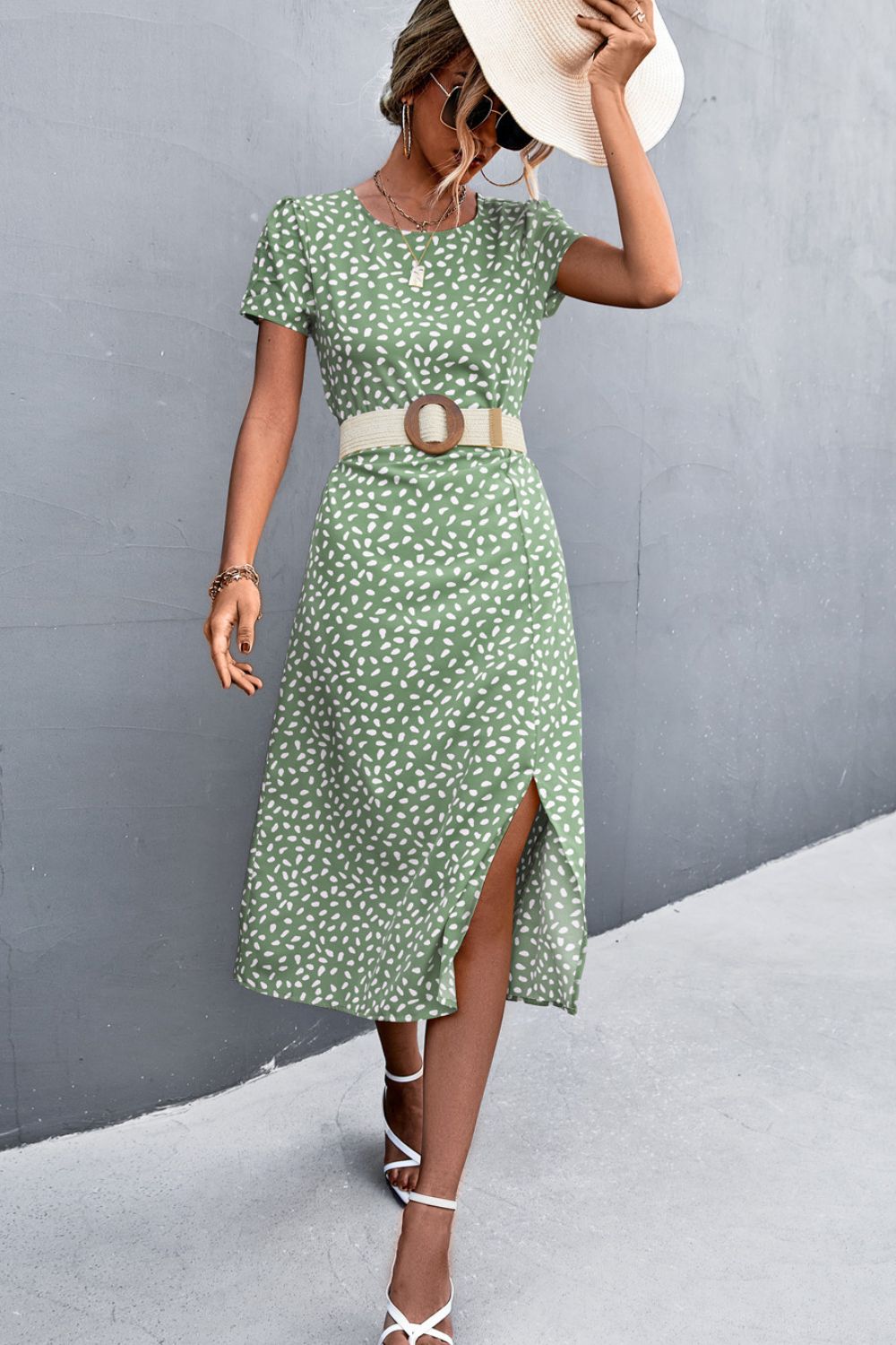 Printed Slit Cutout Midi Dress (Belt Not Included)  Dresses- Doll Fits