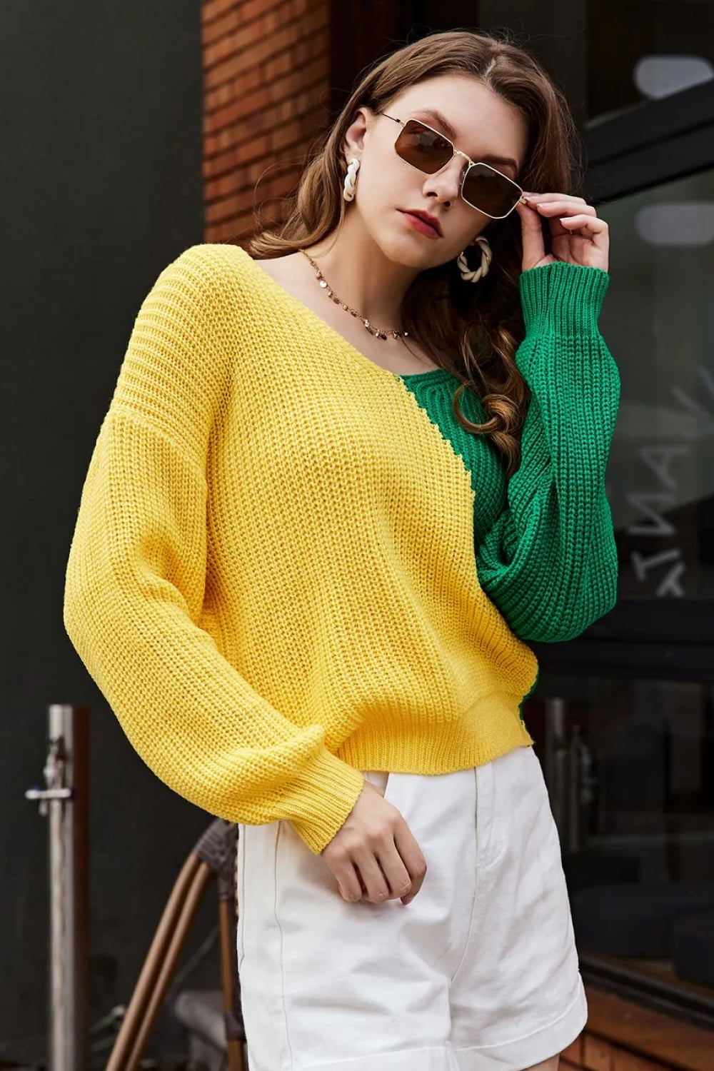 Double Take Two-Tone V-Neck Twisted Sweater  - Doll Fits