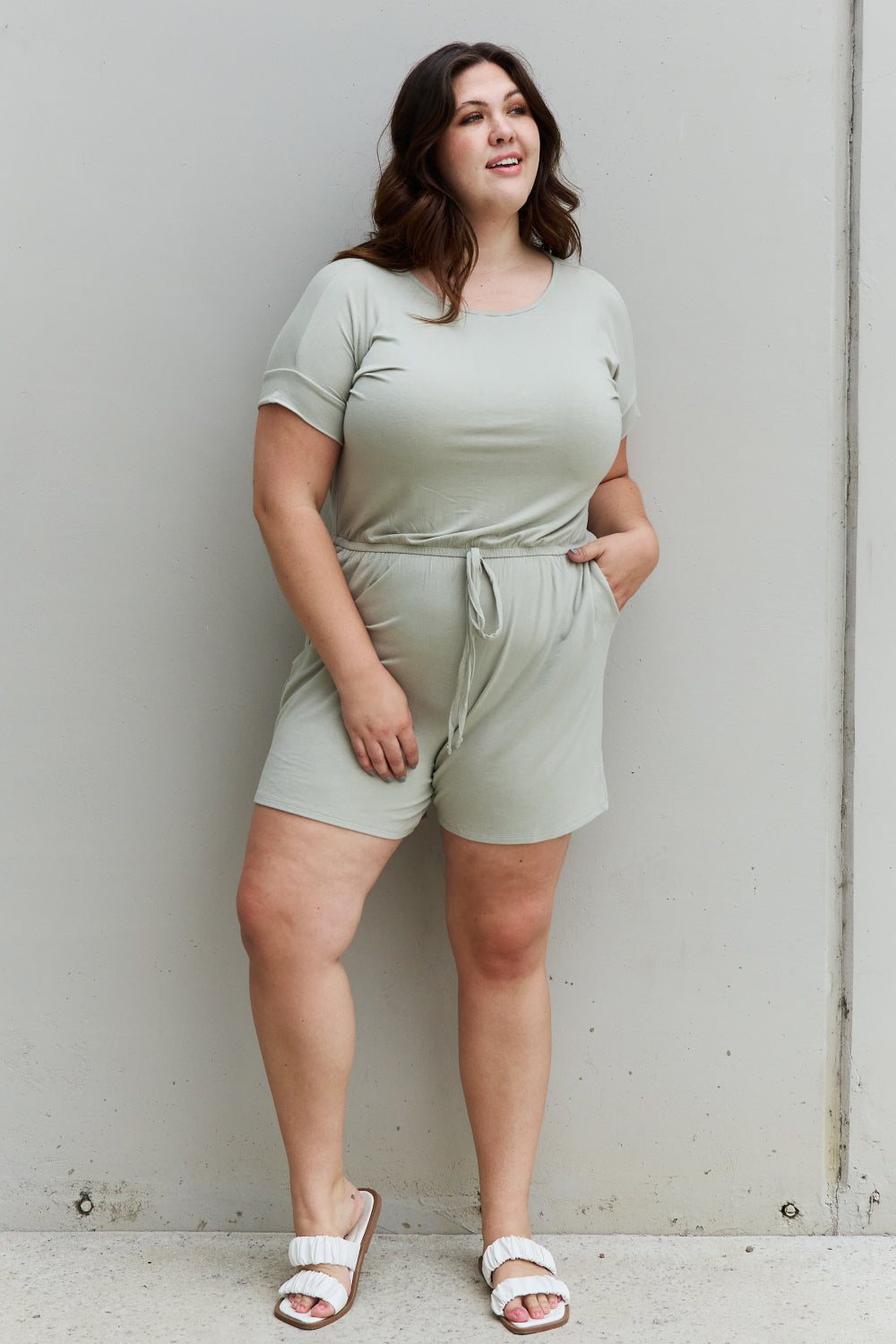 Zenana Chilled Out Full Size Short Sleeve Romper in Light Sage  Jumpsuits & Rompers- Doll Fits