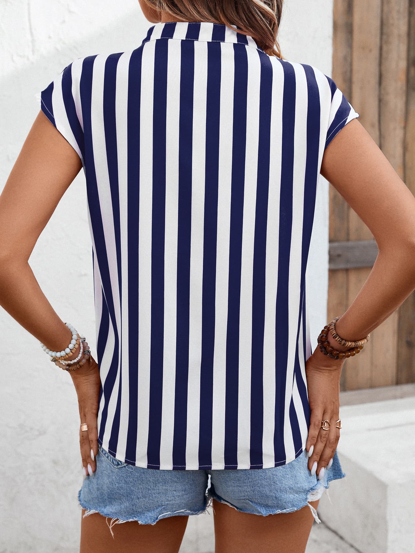 Striped Notched Neck Cap Sleeve Blouse  Shirts & Tops- Doll Fits