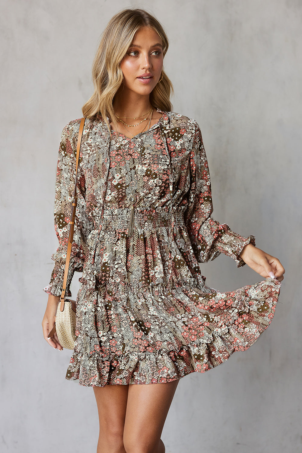 Floral Smocked Tie-Neck Frill Trim Dress  Dresses- Doll Fits