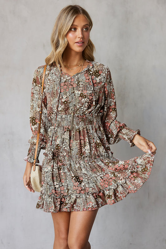 Floral Smocked Tie-Neck Frill Trim Dress  Dresses- Doll Fits