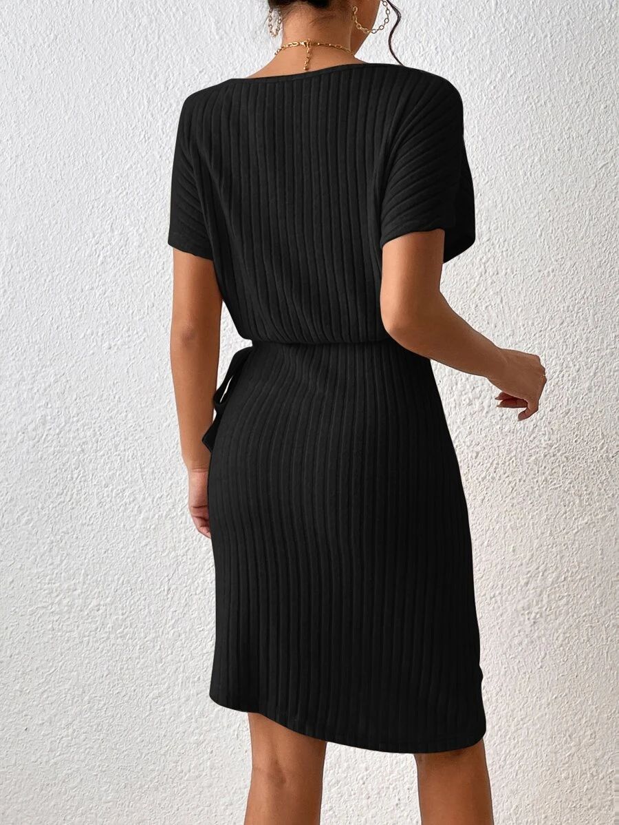 Ribbed Boat Neck Short Sleeve Dress  Dresses- Doll Fits