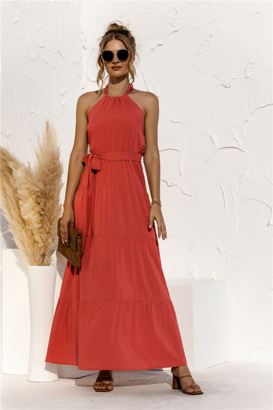 Halter Neck Tie Waist Tiered Maxi Dress  Dresses- Doll Fits