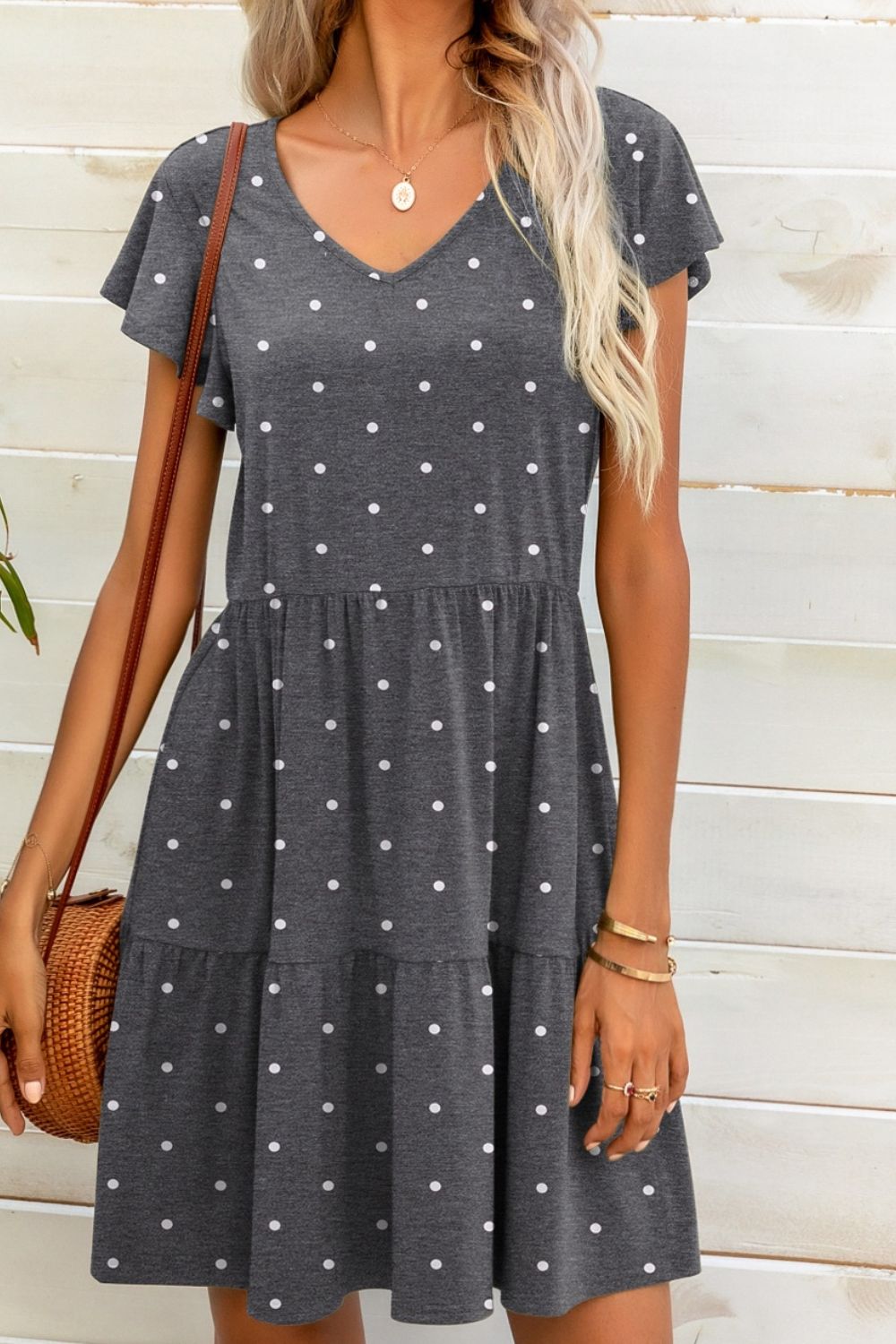 Polka Dot V-Neck Flutter Sleeve Mini Dress  Dresses- Doll Fits