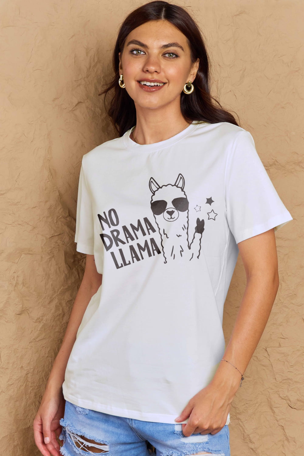 Simply Love Full Size NO DRAMA LLAMA Graphic Cotton Tee  - Doll Fits