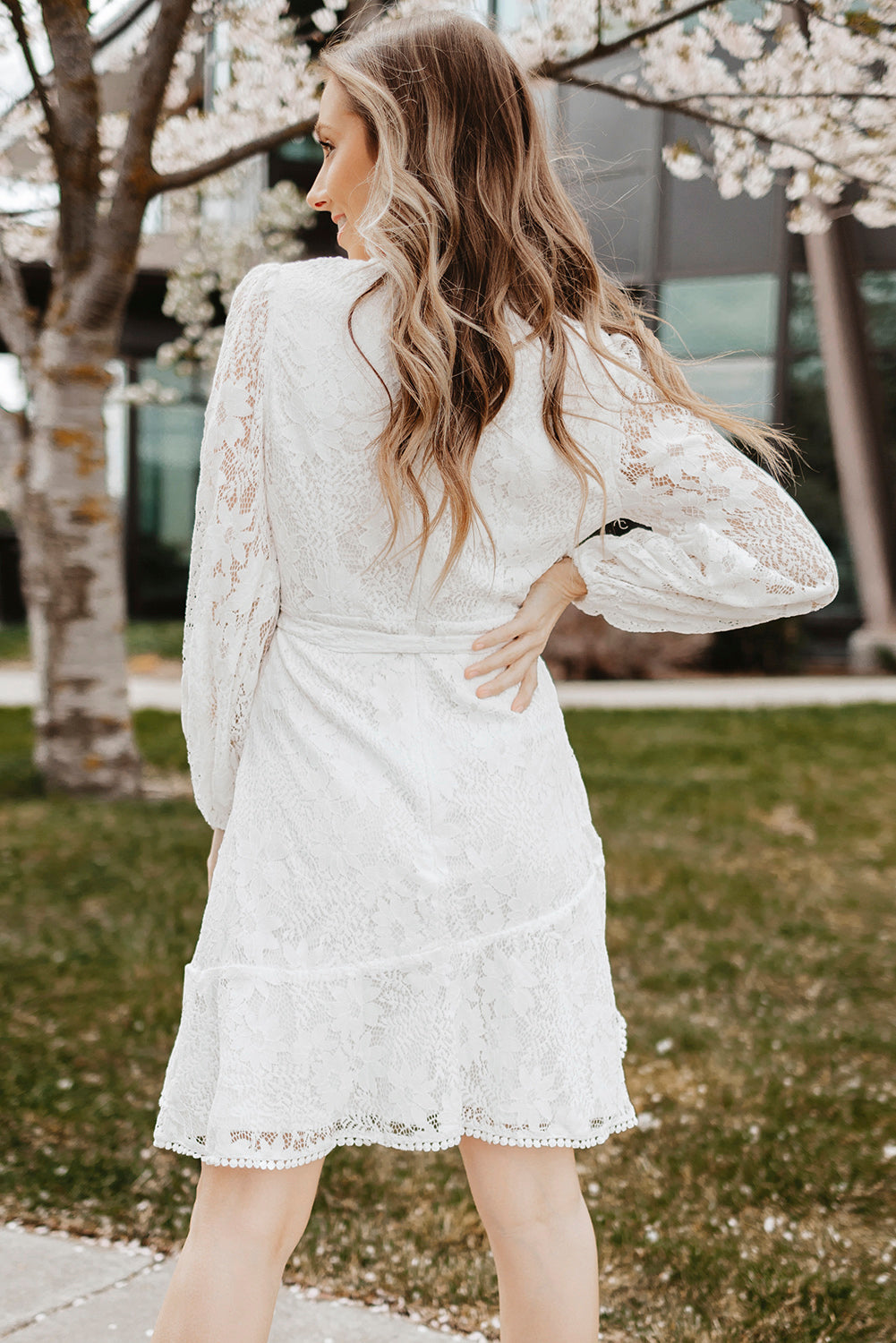 Pompom Trim Puff Sleeve Belted Lace Dress  Dresses- Doll Fits
