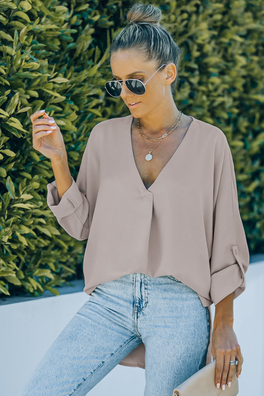 V-Neck Roll-Tab Sleeve Blouse  Shirts & Tops- Doll Fits