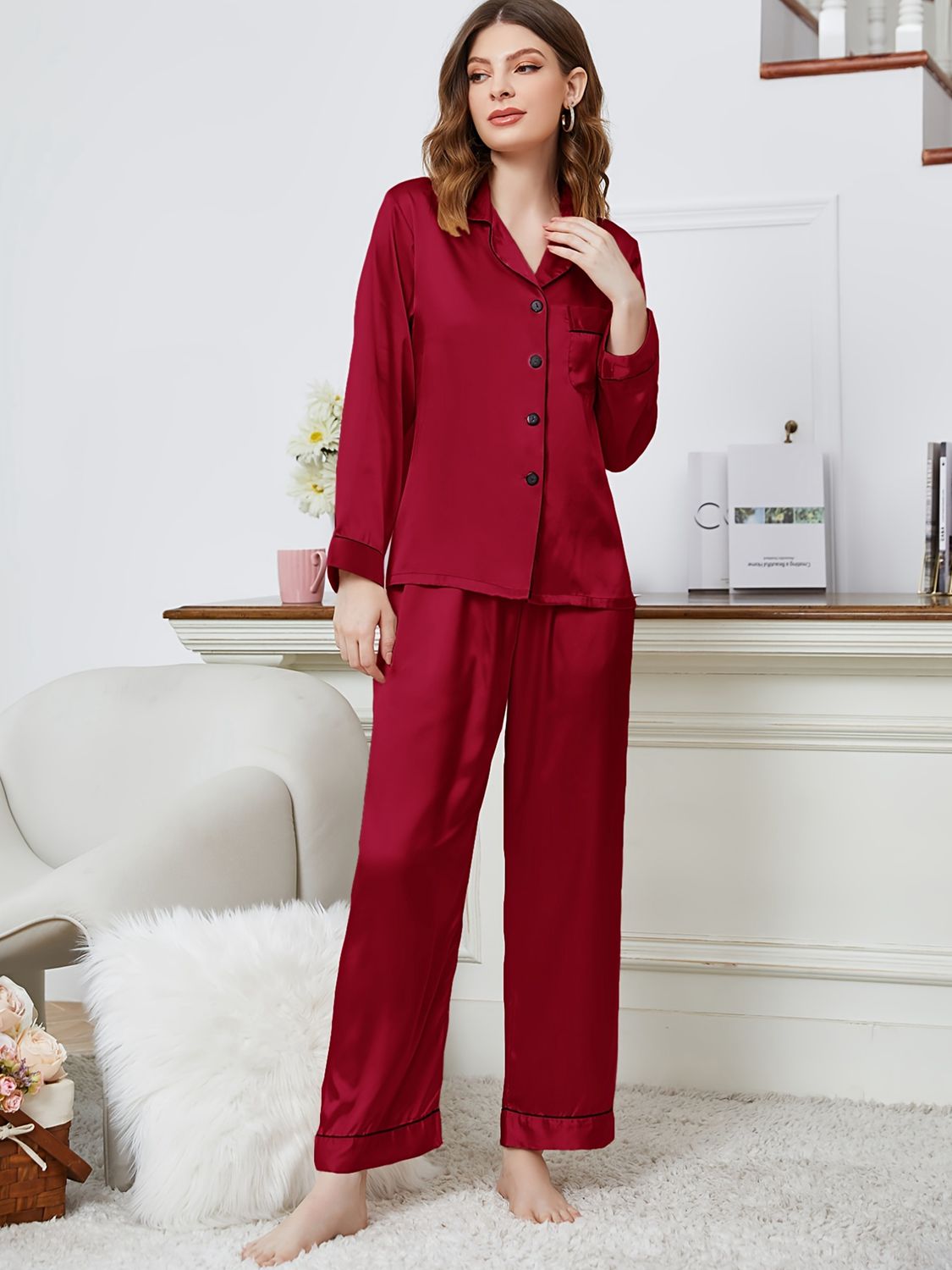Lapel Collar Long Sleeve Top and Pants Pajama Set  - Doll Fits