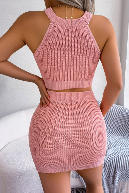 Heart Contrast Ribbed Sleeveless Knit Top and Skirt Set  Outfit Sets- Doll Fits
