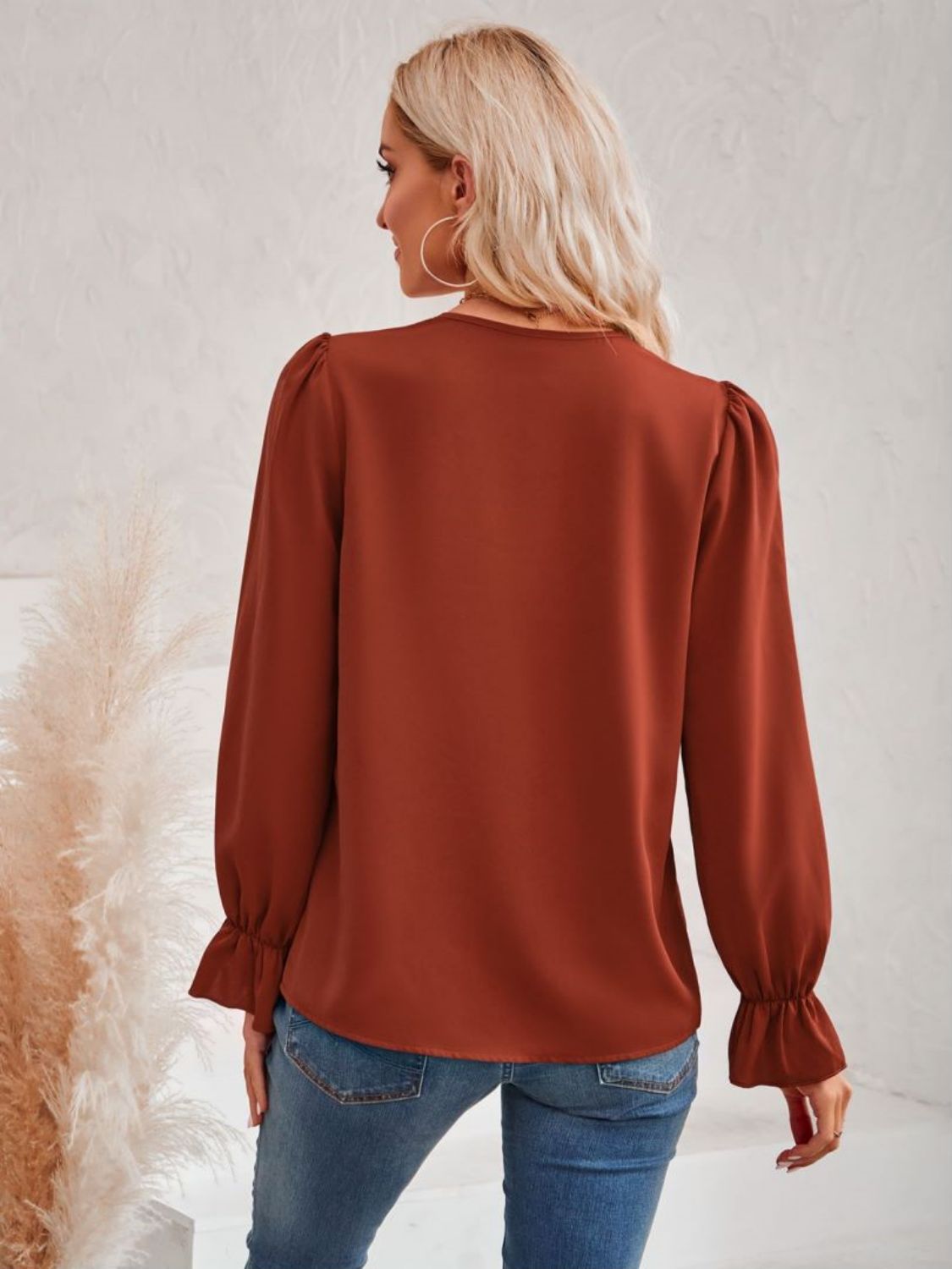 Contrast Trim Flounce Sleeve V-Neck Blouse  Shirts & Tops- Doll Fits