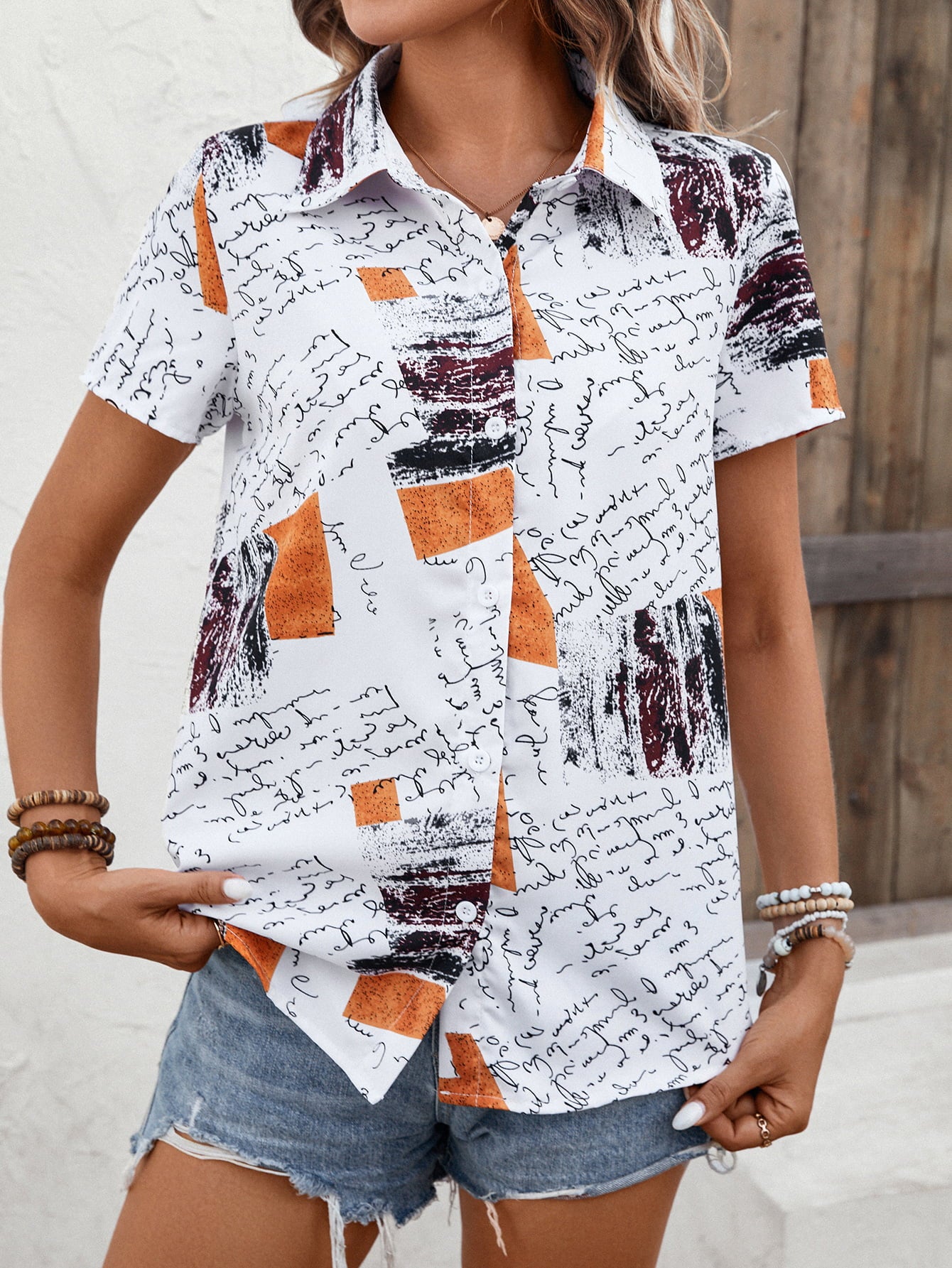 Printed Short Sleeve Collared Shirt  Shirts & Tops- Doll Fits