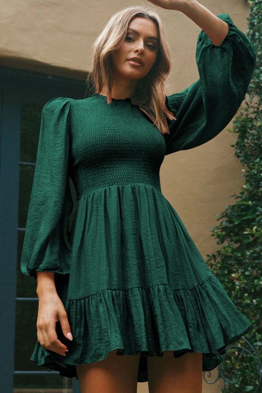 Smocked Balloon Sleeve Ruffle Hem Dress  Dresses- Doll Fits