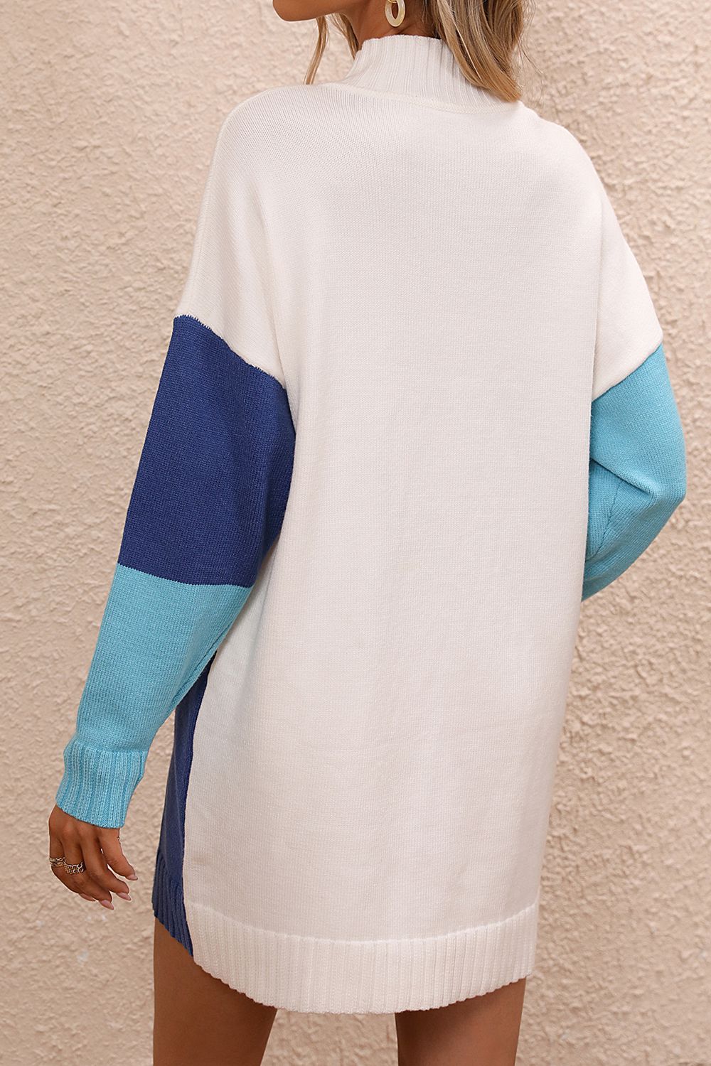 Color Block Mock Neck Dropped Shoulder Sweater Dress  Dresses- Doll Fits